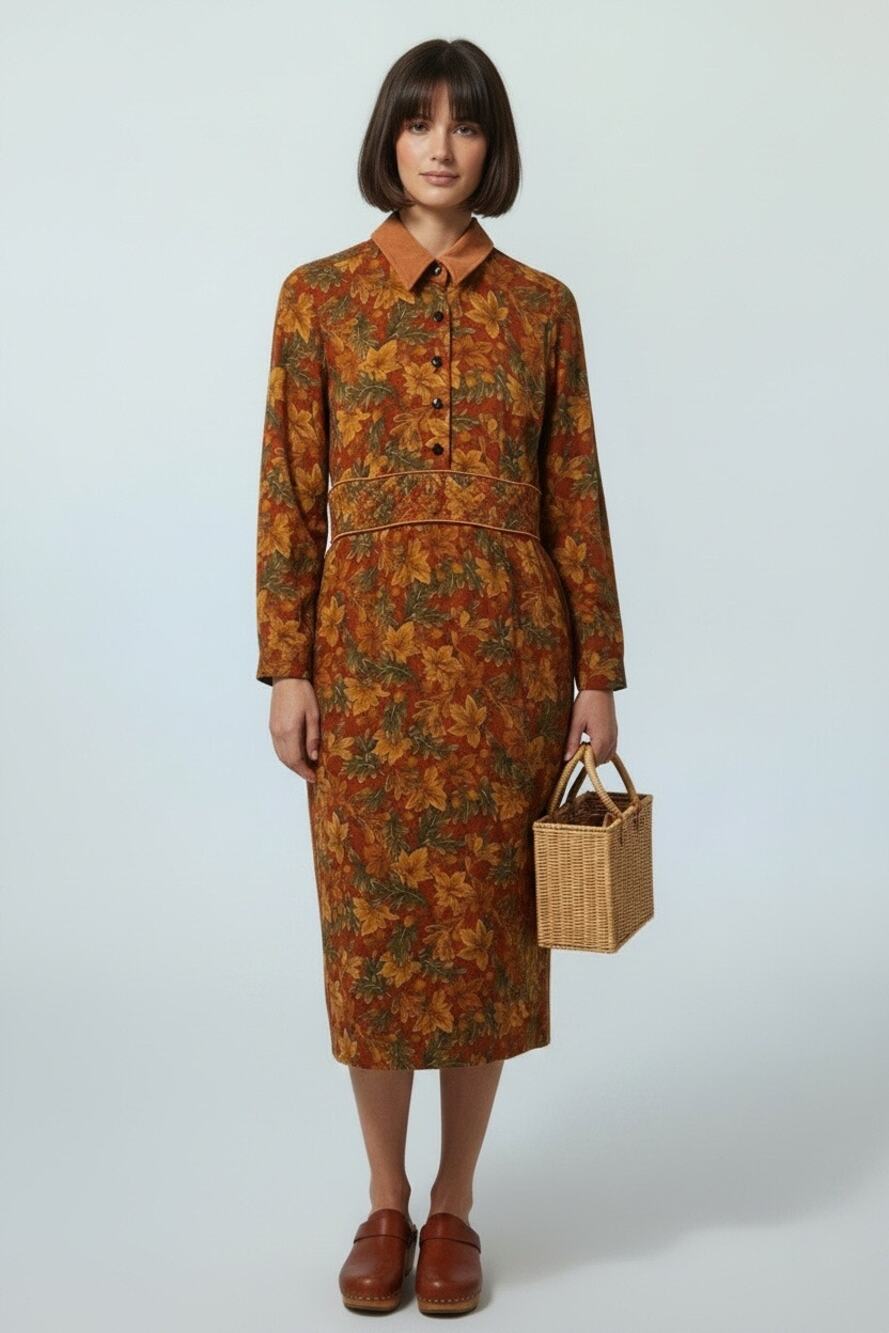 1980s Donna Morgan Petite Autumn Leaf Midi Dress Quilted Waistband Goblincore 6